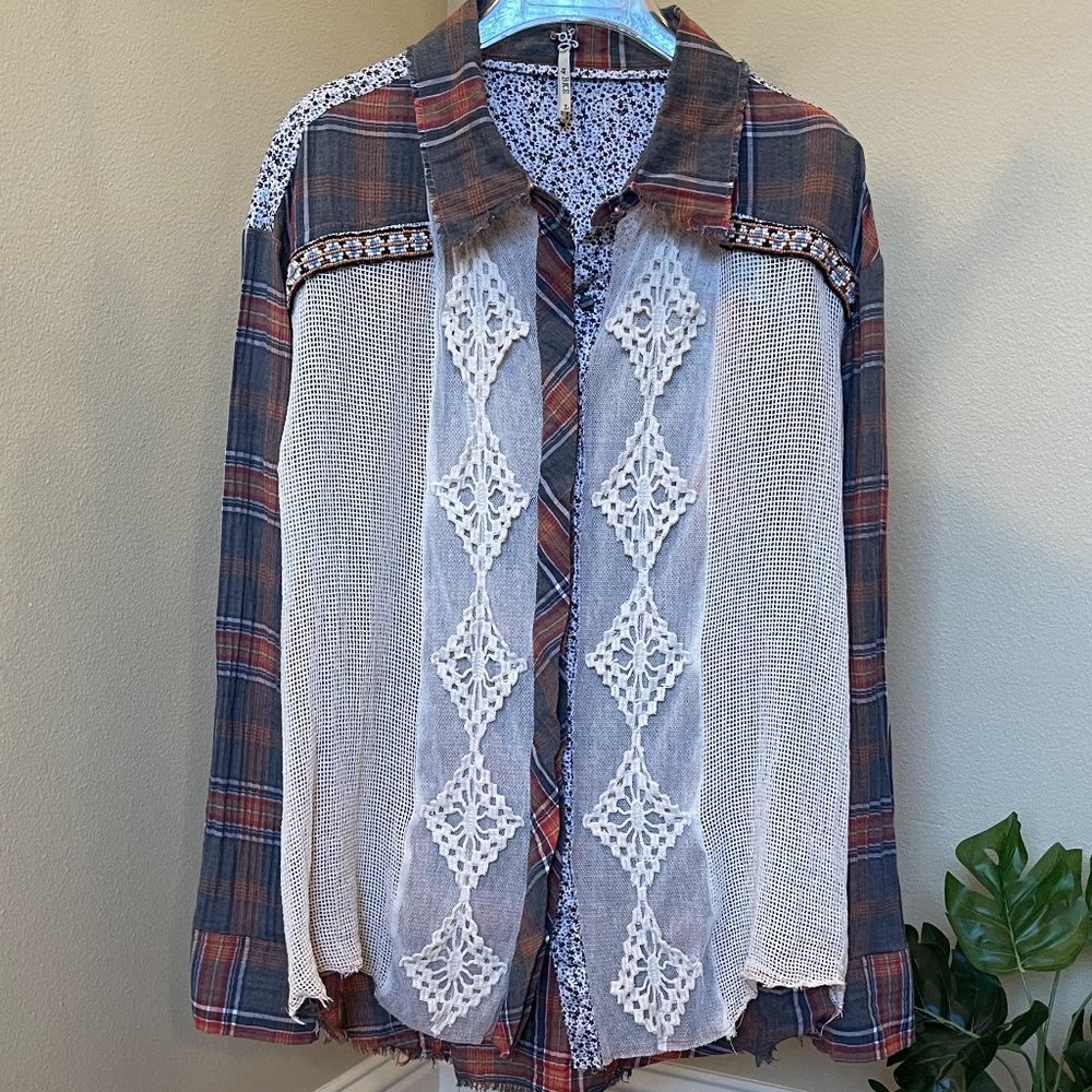 BKE Long Sleeve Plaid Button Up with See Through Lace Perfect for Layering